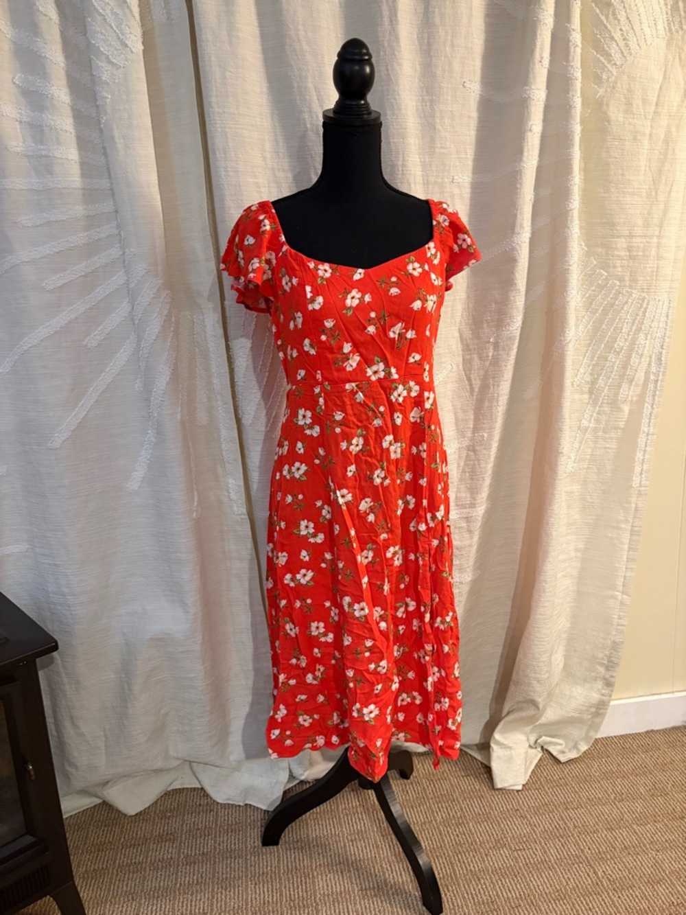 Old Navy Red Floral Midi Dress with Square Neck and Flutter Sleeves